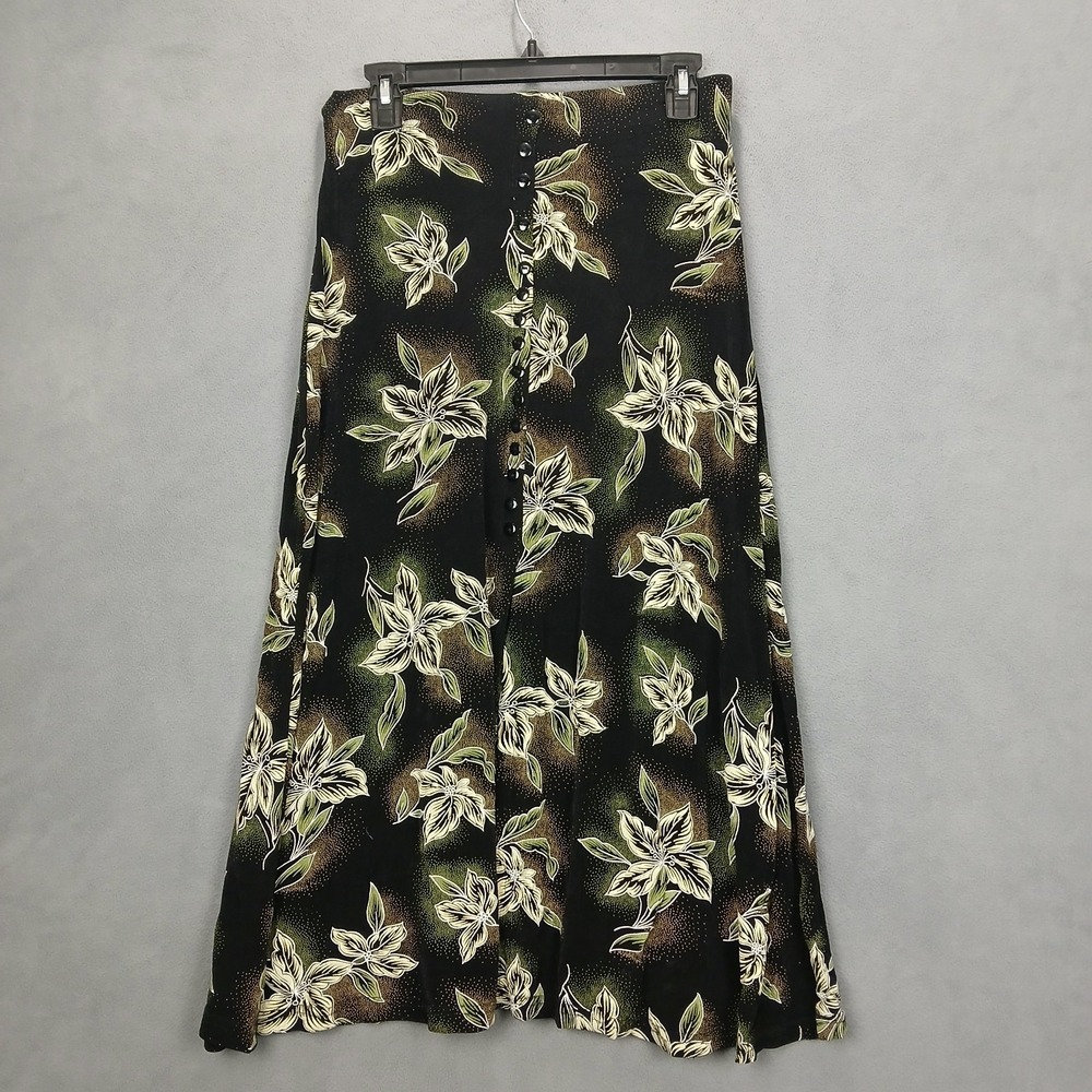 Vintage Orange Maxi Skirt Womens Large Black Green Floral Button Front Boho